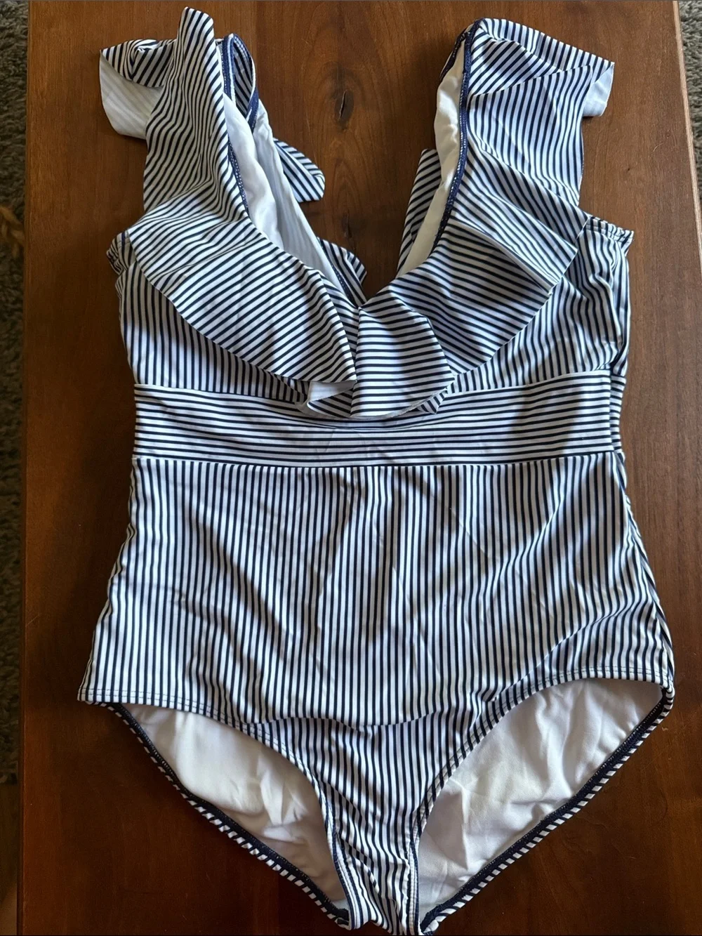 Mommy and Me Navy & White Striped Kids One-Piece Swimsuit - Ruffle Front